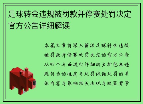足球转会违规被罚款并停赛处罚决定官方公告详细解读