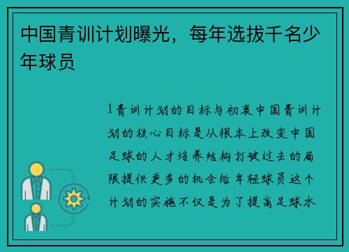 中国青训计划曝光，每年选拔千名少年球员
