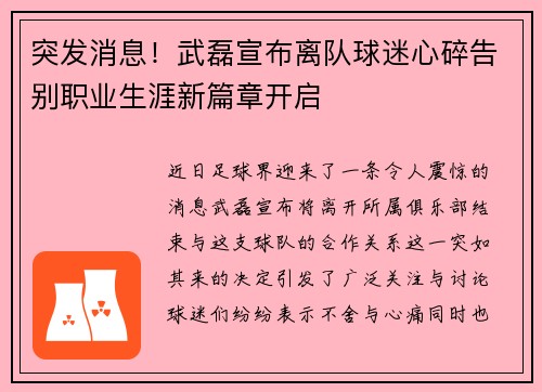 突发消息!武磊宣布离队球迷心碎告别职业生涯新篇章开启 突发消息!武磊宣布离队球迷心碎告别职业生涯新篇章开启